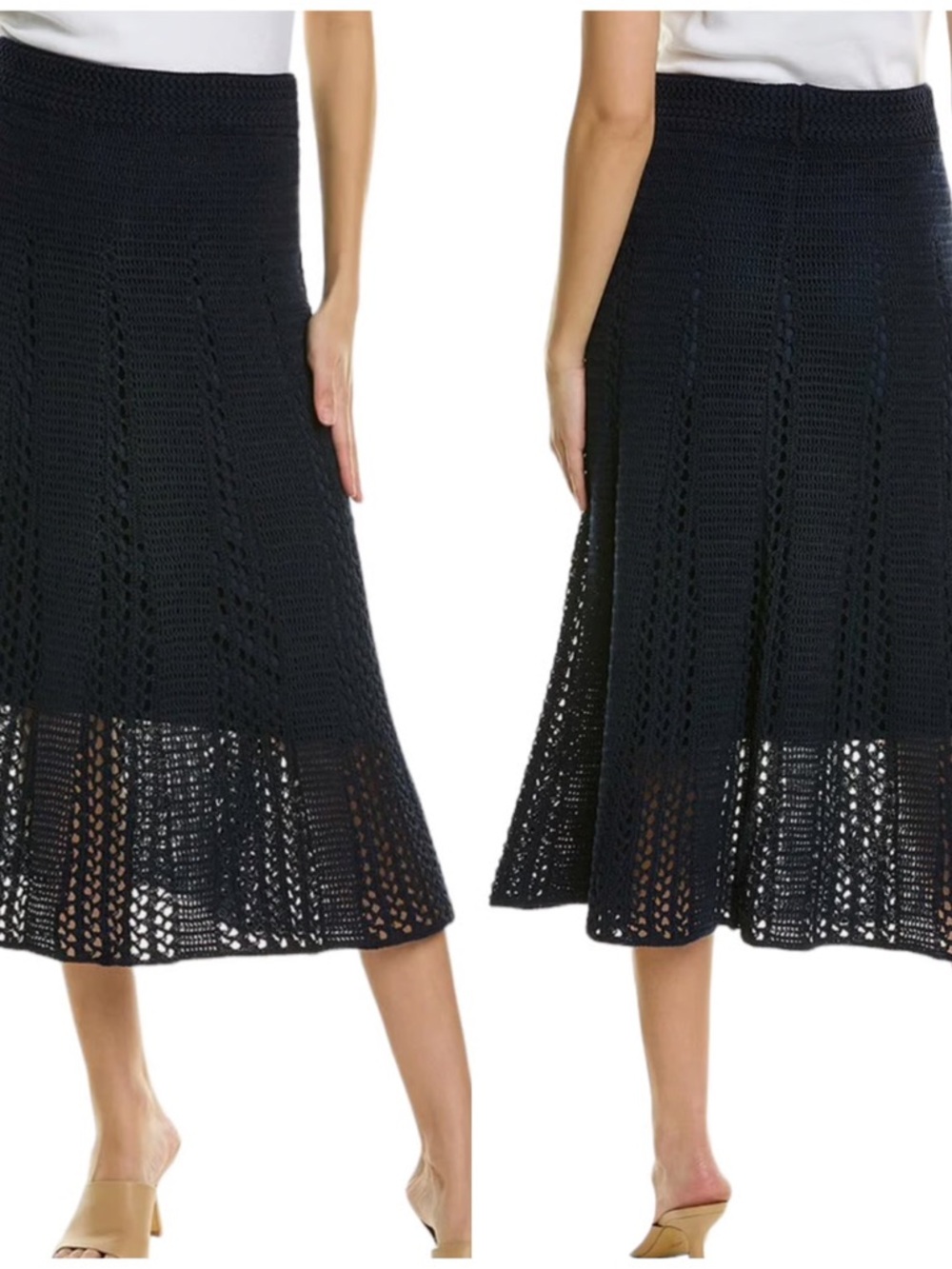 Vince Navy Godet Crochet Jacket and skirt and matching crochet tank top in white